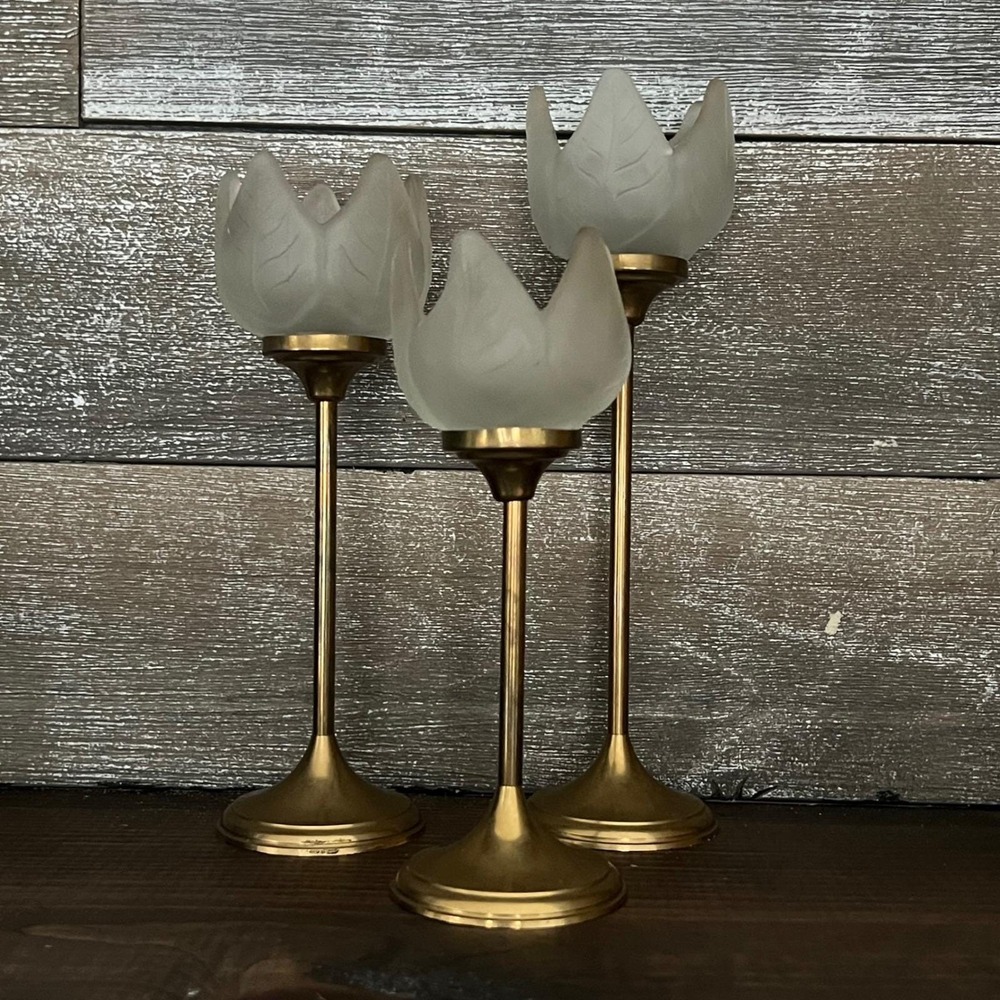Vintage Brass Frosted Glass Tulip Candle Holders Set of 3 Gold Hollywood Regency